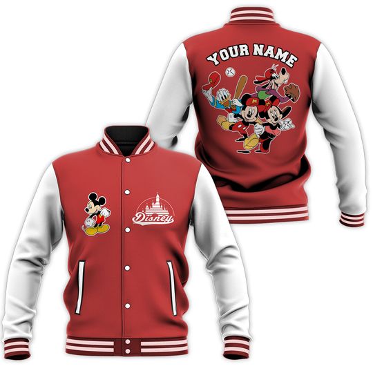 Personalized Mickey Castle Logo Red White Color Disney Baseball Jacket