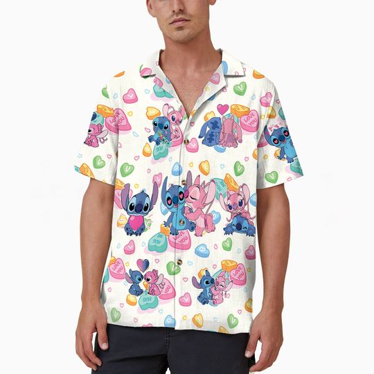 Stitch and Angel Valentines Shirt, Candy Heart Disney Stitch Hawaiian Shirt