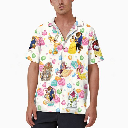 Beauty and the Beast Valentine's Day Shirt, Candy Heart Disney Hawaiian Shirt