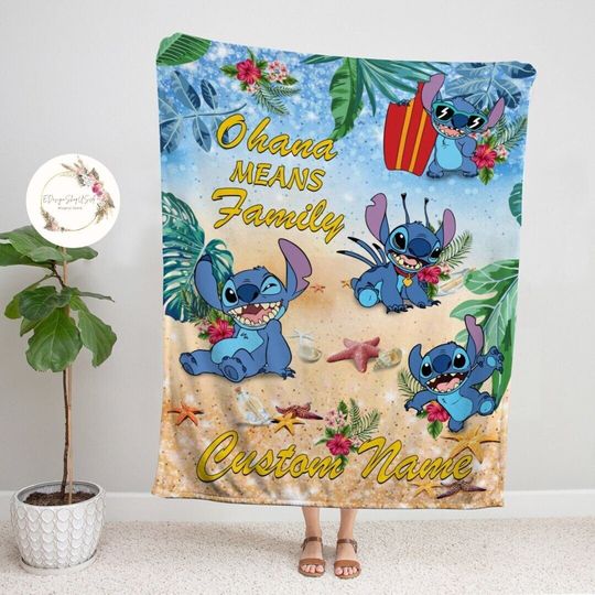 Personalized Disney Stitch Blanket, Custom Name Lilo & Stitch Ohana Means Family