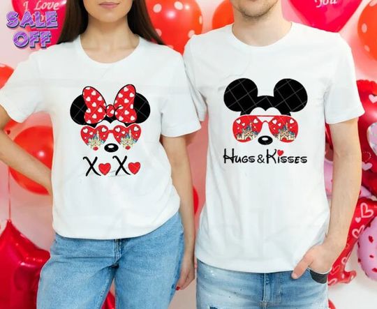 Mickey Hugs and Kisses Minnie Xo Xo Valentines Day Disney Castle Couple Shirts 2024