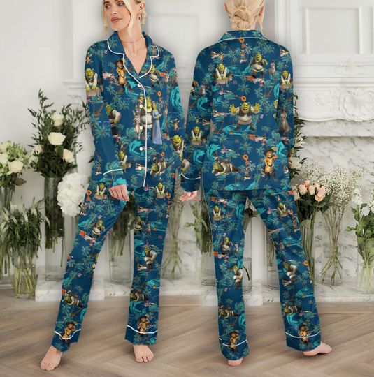 Shrek Pajama Set Family, Shrek and Fiona Hawaiian Pajama, Disney Donkey Pjs Set for Women, Shrek Meme Comfortable Homewear