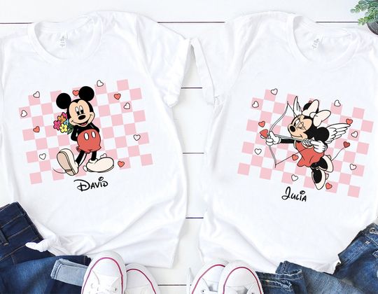 Mickey Checkered Shirt, Retro Disney Couple Shirts, Minnie Mouse Valentines