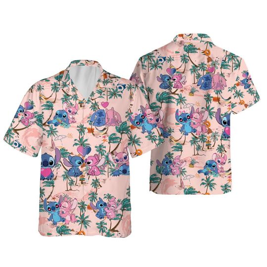 Happy Valentine's Day Stitch And Angel Hawaiian Shirt, Disney Couples Aloha Shirt, Valentine Gift