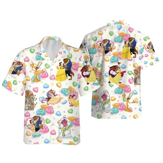 Happy Valentine's Day Beauty And The Beast Couple Lovers Hawaiian Shirt, Disney Couples Aloha Shirt, Valentine Gift