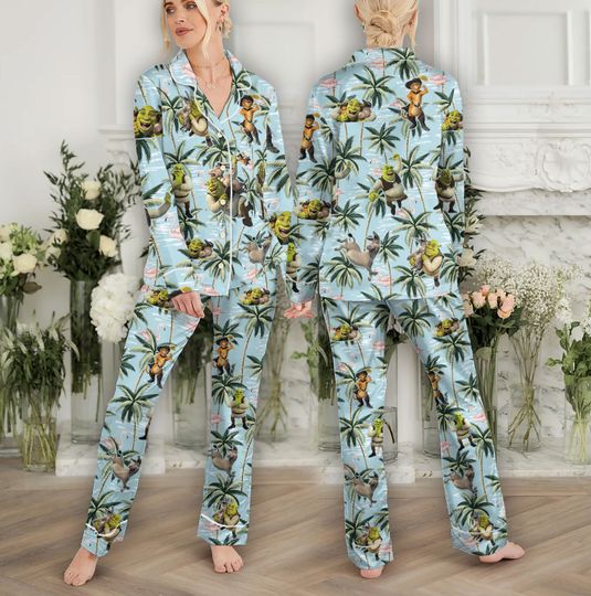 Disney Shrek Hawaiian Pajamas, Vintage Shrek and Fiona Couple Holiday Pajamas