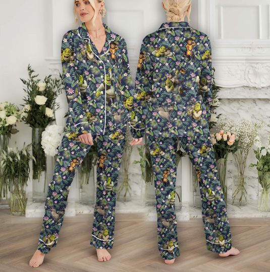 Shrek Vintage Holiday Pajamas, Disney Funny  Pjs Set