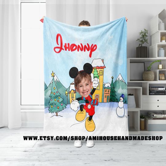 Disney Mickey Custom Face Blanket, Mickey Mouse Blanket Gifts For Boys, Funny Disney Mickey Fleece Blanket