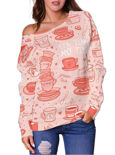 Coffee Pink Pattern All-Over Print Oversized Women's Off-Shoulder Sweatshirt