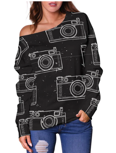 Black Camera Pattern Print All-Over Print Oversized Women's Off-Shoulder Sweatshirt