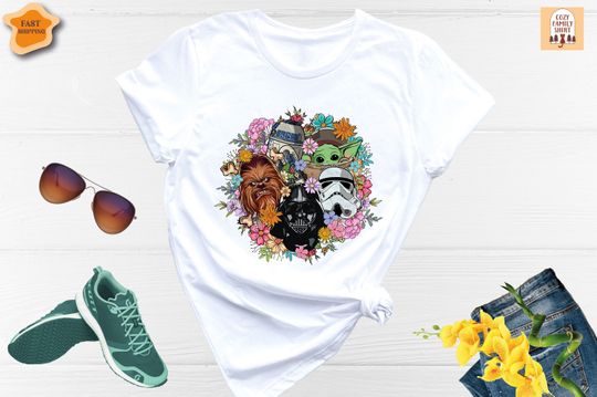 Disney Floral Star Wars Shirt, Mandalorian Shirt, Grogu Shirt