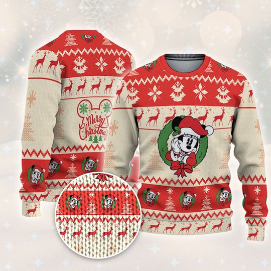 Disney Christmas Minnie Mouse Xmas Pine Trees Reindeer RedGift for Disney Fans, Matching Sweater For Family