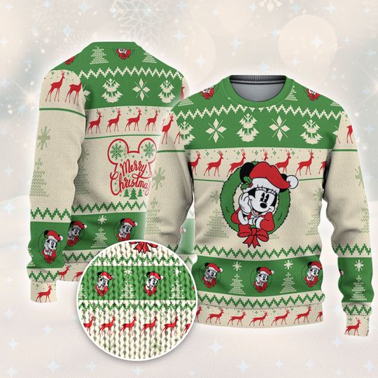 Disney Christmas Minnie Mouse Xmas Pine Trees ReindeerGift for Disney Fans, Matching Sweater For Family