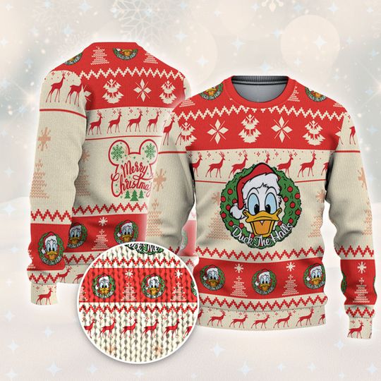 Disney Christmas Donald Duck Xmas Pine Trees Reindeer RedGift for Disney Fans, Matching Sweater For Family