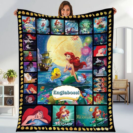 Personalized Little Mermaid Ariel Fleece Blanket, Ariel Princess Fleece Blanket