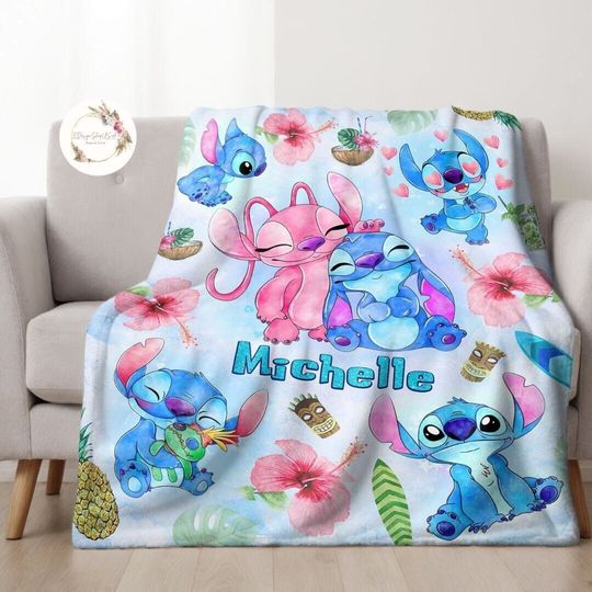 Personalized Watercolor Disney Stitch Blanket, Stitch & Angel Baby Blanket