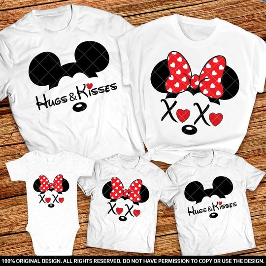 Minnie Xo Xo Mickey Hugs and Kisses Valentines Day Family Shirts, Valentine matching trip shirts Disneyworld or Disneyland family shirts