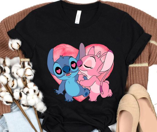 Disney Stitch And Angel Kissing Valentine's Day T-Shirt