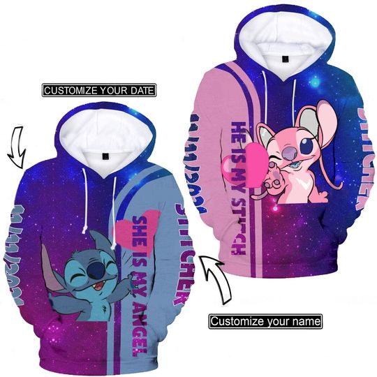 Personalized She Is My Angel He Is My Stitch Valentine's Day Hoodie, Disney 3D Hoodie