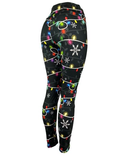Colorful Christmas Lights & Snowflakes Black Leggings