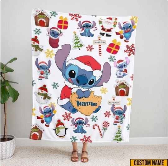 Custom Disney Stitch Christmas Blanket, Stitch And Lilo Couch Sofa Blanket, Stitch Birthday Gift, Christmas Gifts, Santa Stitch Blanket