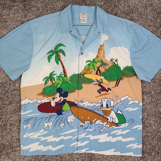 Disney Hawaiian Shirt Mickey Goofy Donald Duck Surfing