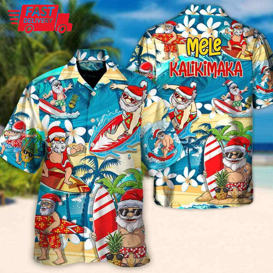 Santa Claus Surfing On The Beach Mele Kalikimaka Christmas Hawaiian Shirt
