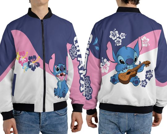 Vintage Stitch Playing Guitar Bomber Jacket, Lilo And Stitch Disney Streetwear Jacket