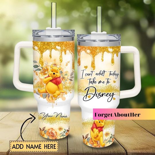 Winnie The Pooh 40oz Tumbler, Handle Stainless Steel Engraved Tumbler, Personalized Pooh Tumbler, Disney Style Tumbler