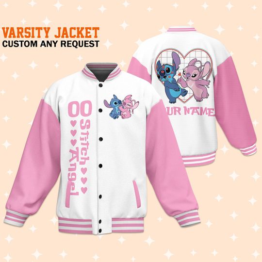 Custom Stitch and Angel Couple Baseball Jacket, Disney Baseball Jacket