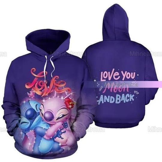 Disney Stitch And Angel Hoodie, Stitch Couple Hoodies, Disney Stitch Hoodie, Love You Moon And Back Hoodie