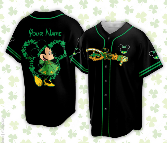 Personalized Minnie Mouse St Patrick's Day Disney Baseball Jersey, Irish Shamrock Jersey, Family Matching Lucky Shirt