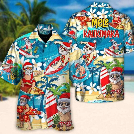 Santa Claus Surfing On The Beach Mele Kalikimaka Christmas Hawaiian Shirt