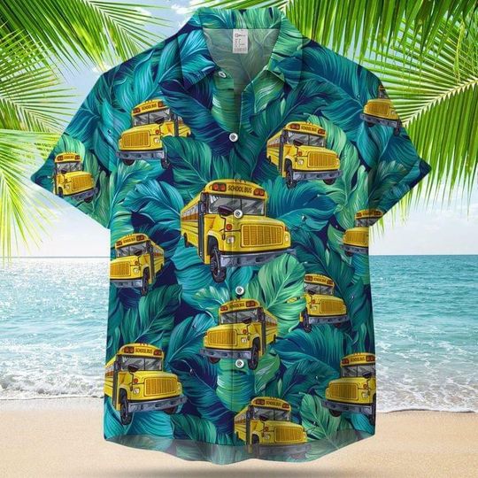 School Bus Back To School Tropical Short Sleeve Button Hawaiian Shirt
