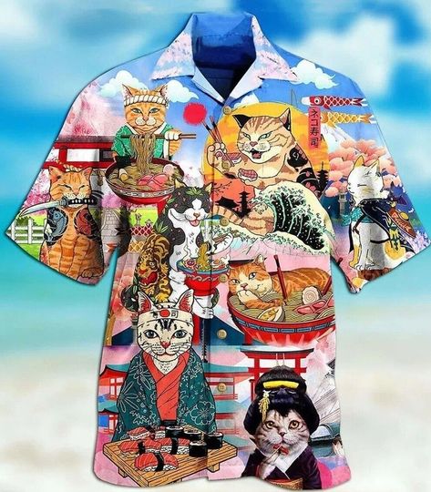 Dogs Sharks Flamingo Japanese Cat Print Hawaiian Button Up Shirt Summer Men Tops