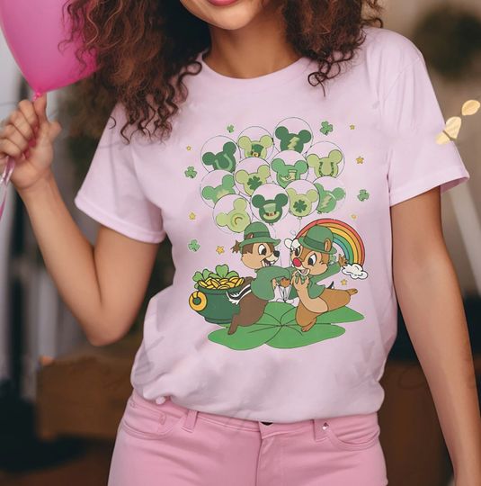 Retro Chip And Dale Mickey Balloon Shamrock Shirt, Funny Disney St Patty'S Day