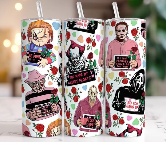 Horror Character Valentine 20oz Tumbler With Lip And Straw