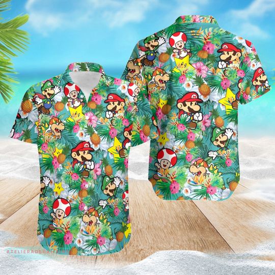 Super Mario Hawaiian Shirt, Super Mario and friends Button Down Shirt