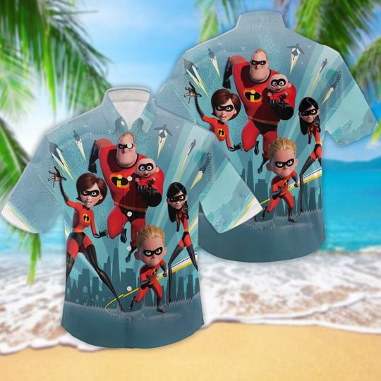 The Incredibles Superhero Family Movie Button Up 3D Hawaiian Shirts