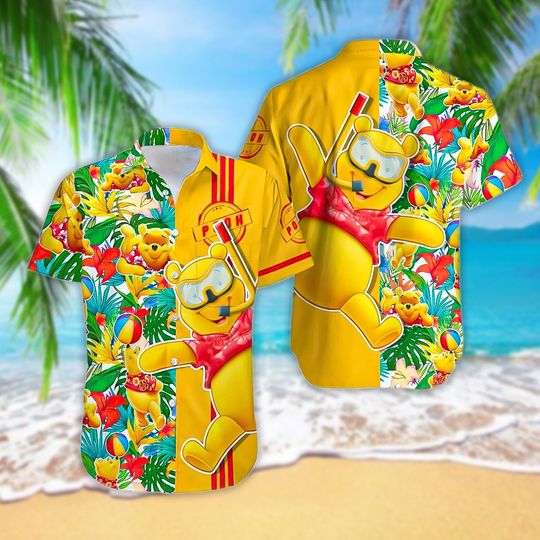 Winie the Pooh Bear Scuba Diving Button Up 3D Hawaiian Shirts
