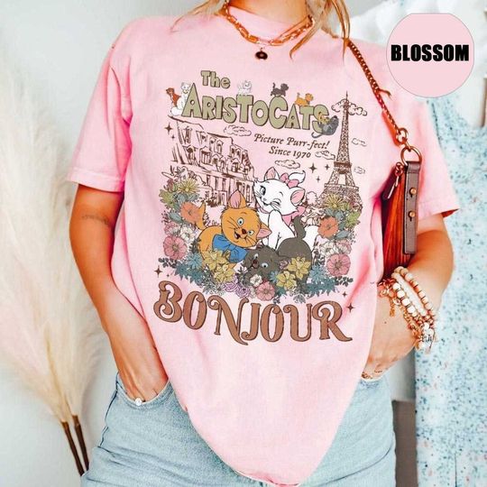 Aristocats Bonjour  Shirt, Floral Aristocats Shirt, Disney Cats Shirt, Marie Berlioz Toulouse