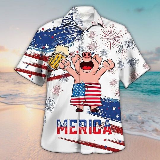 Unisex Pig Drink Beer Funny Merica Pig Hawaiian Shirts, Aloha Hawaiian Shirt