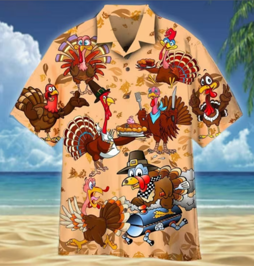 Funny Turkeys Thanksgiving Aloha Beach Shorts Hawaiian Shirt