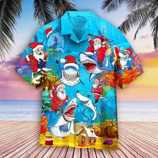 Christmas Santa Shark In July Brings Gifts Hawaiian Shirt, Santa Hawaiian Shirt