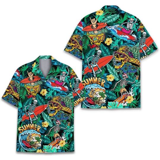 Skull Beach Hawaiian Shirt, Tropical Skeleton Surfing Summer