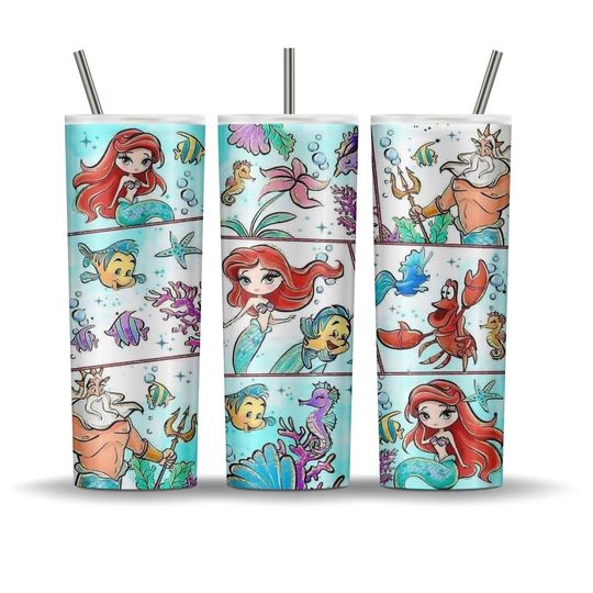 Discover Disney's Little Mermaid Ariel, Flounder, Sebastian and King Tritan 20 oz Tumbler with Lid and Straw