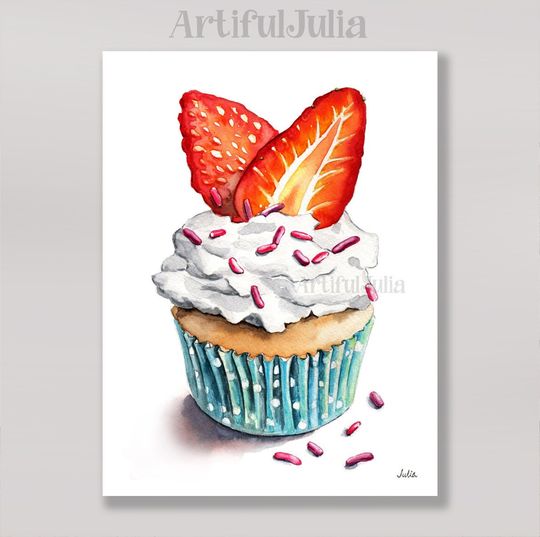 Strawberry Cupcake Watercolor Painting Premium Matte Vertical Posters