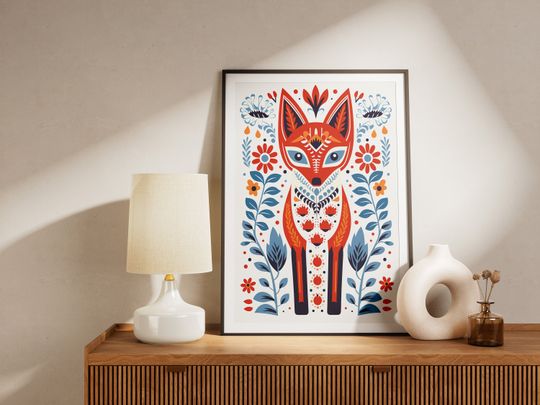 Scandinavian Folk Art with Fox Motif - Boho Premium Matte Vertical Posters