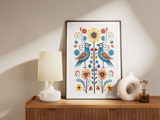 Discover Colorful Birds Scandi Folk Premium Matte Vertical Posters