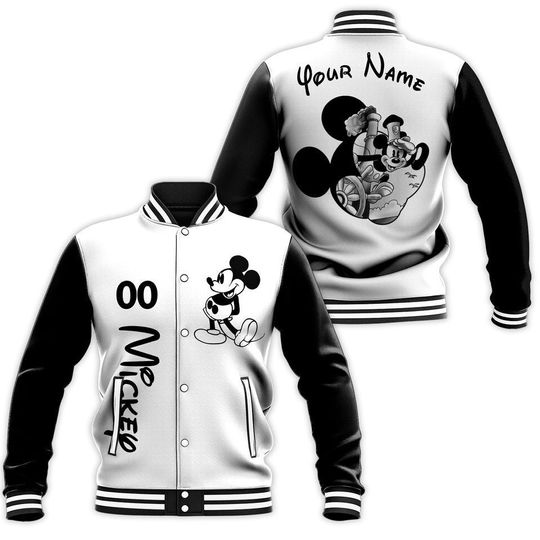 Discover Personalized Mickey On Train Mickey Mouse Head Black and White Baseball Jacket